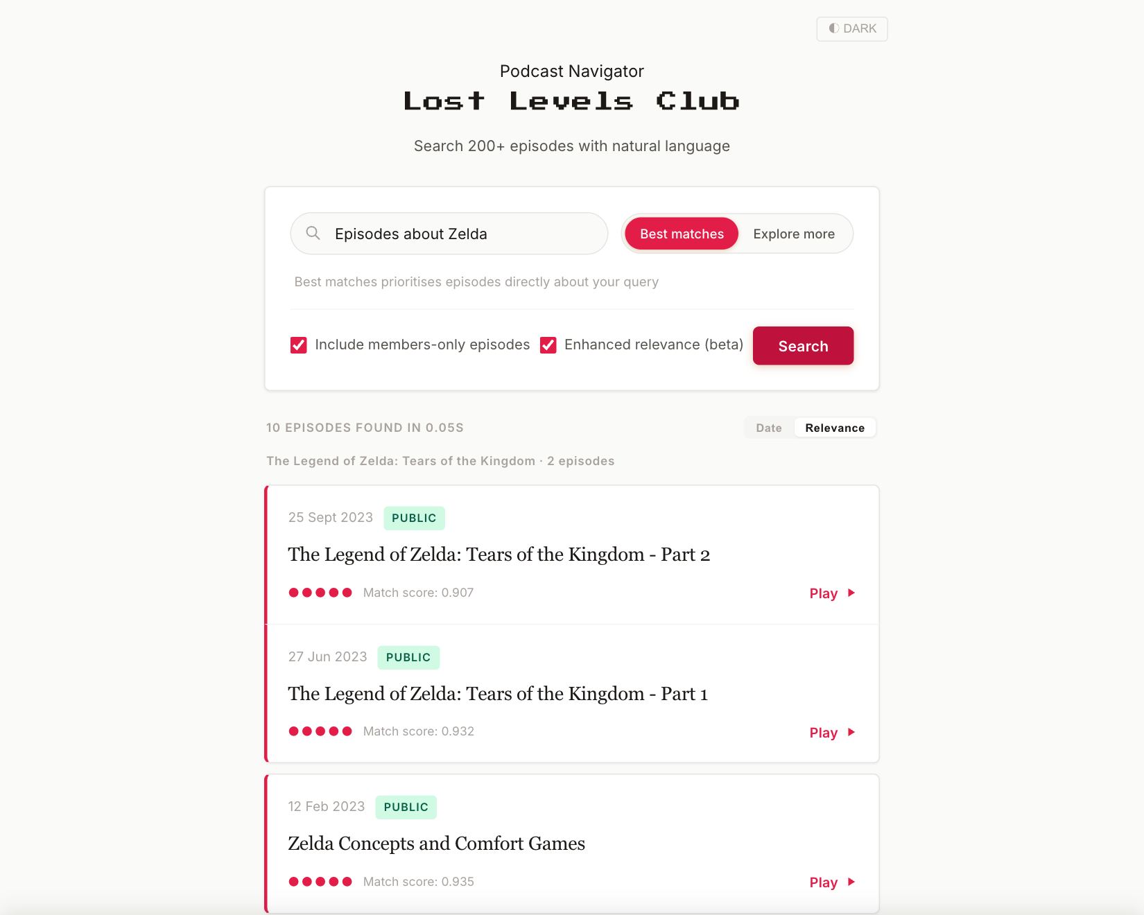 Lost Levels Club search page showing results for “Episodes about Zelda”, led by The Legend of Zelda: Tears of the Kingdom