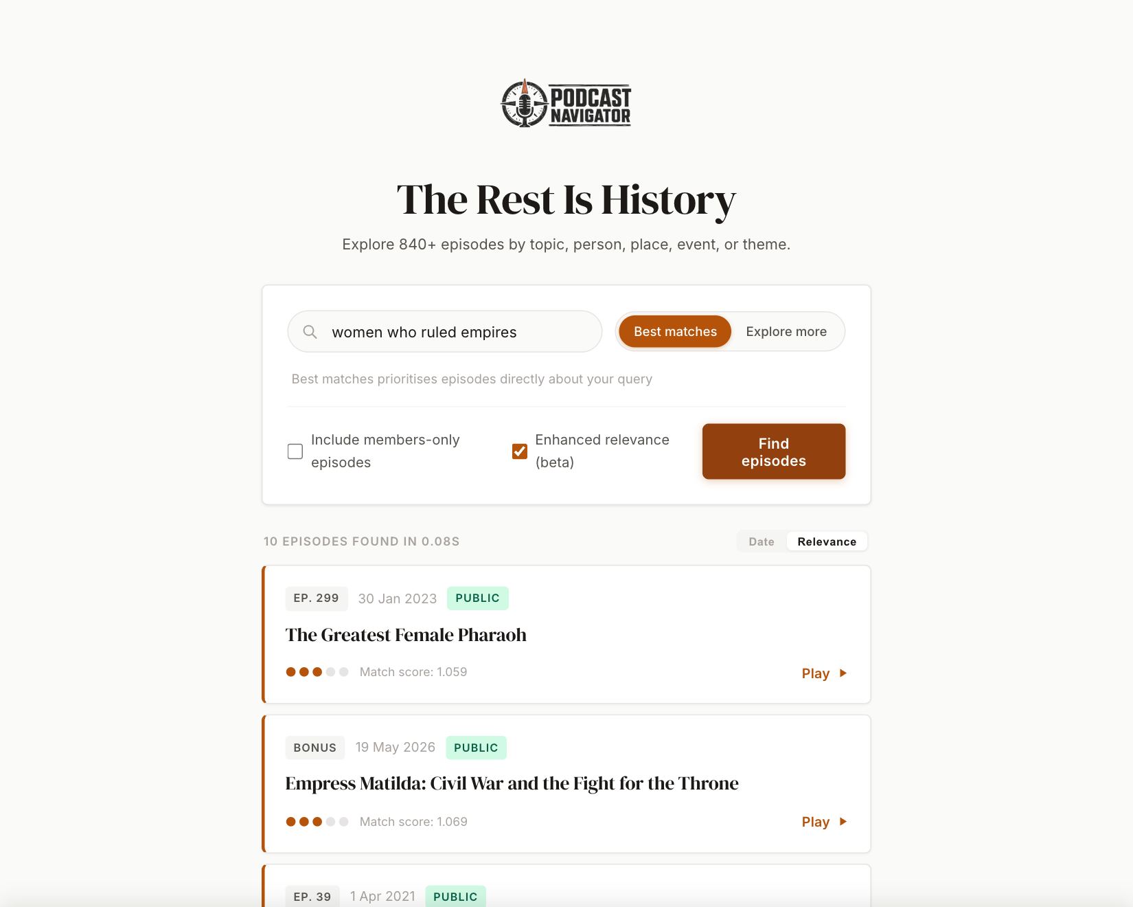 The Rest Is History search page showing results for “women who ruled empires”, led by The Greatest Female Pharaoh and Empress Matilda
